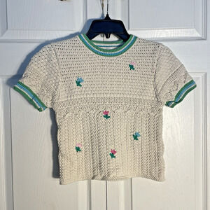 Zara Shirt Girls 13-14 Beige Floral Embroidery Knit Cottagecore Pullover Teen